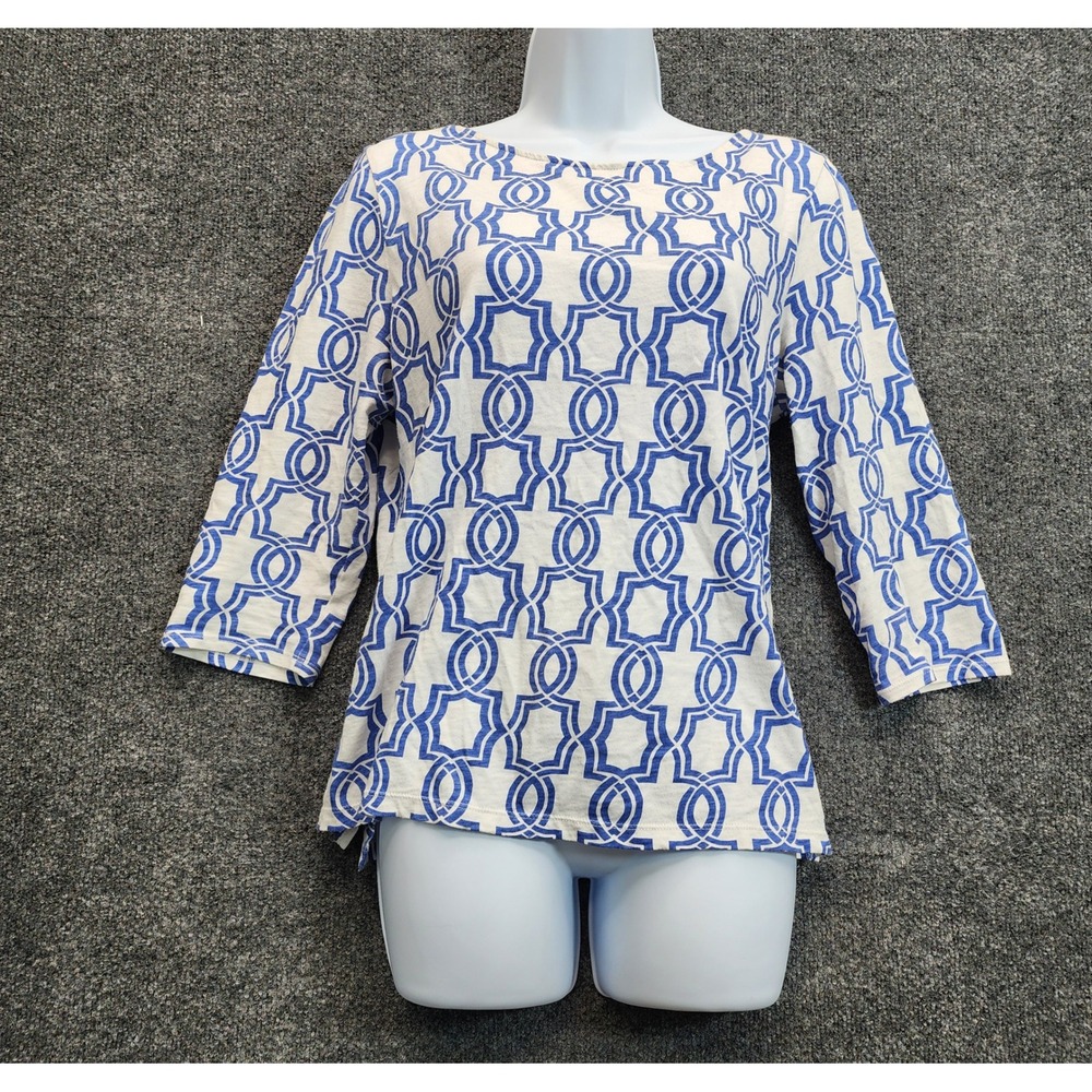 Chico's Women Geometric Cotton 3/4 Sleeve Boat Neck Nautical Preppy Top Size 1